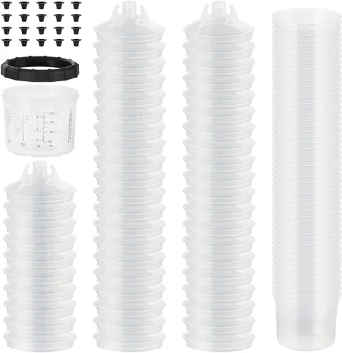 Tazas desechables para pistola de pintura (200ML/6.7OZ), kit de tazas de pintura con 50 revestimientos de taza, 50 tapas, 20 tapones de sellado, 1