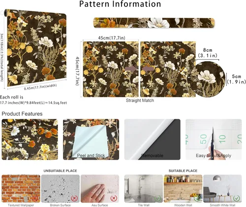 Miniatura 8 de Papel tapiz floral oscuro para despegar y pegar, papel de pared autoadhesivo extraíble, papel de contacto apto para inquilinos para armarios