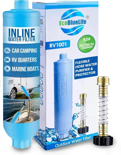 EcoBlueLife Filtro de agua para autocaravana – Accesorio en línea con KDF y carbón activado, reduce olores, sabor a cloro, sedimentos para aguas