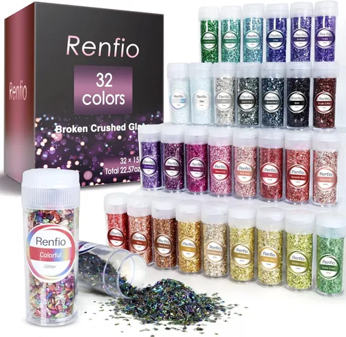 Renfio Juego de purpurina de vidrio triturado roto de 32 colores, 22.57 onzas, fragmentos de purpurina de 2 a 0.157 in, chips de vidrio metálico