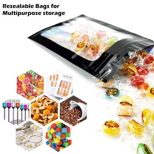 Miniatura 6 de 300 bolsas holográficas de mylar, 3 tamaños, bolsas a prueba de olores con ventana transparente, bolsas de papel de aluminio resellables
