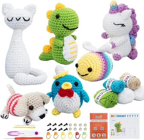 Miniatura 10 de Kit de 6 piezas de ganchillo para principiantes, kit de punto con videos paso a paso, hilo, gancho de ganchillo, kit de tejido para principiantes
