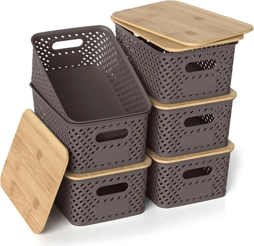 Miniatura 11 de Contenedores de almacenamiento de plástico con tapas de bambú, canastas pequeñas apilables para organización y contenedores para estantes, cajones