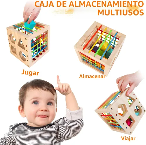 Miniatura 4 de HELLOWOOD Juguetes Montessori para niños de 1 año en adelante, cubo clasificador de madera con 8 formas de traqueteo, juguetes de aprendizaje