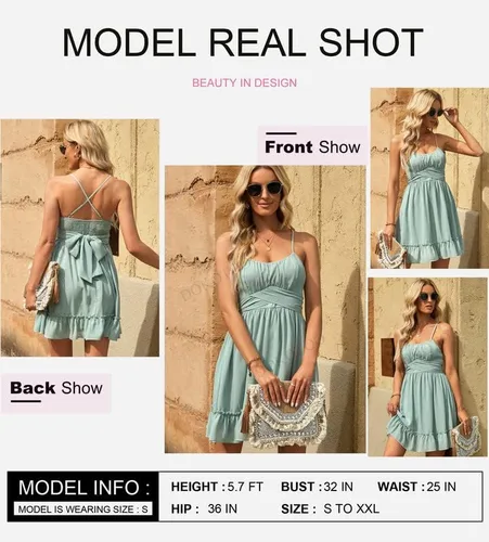 Miniatura 2 de Dokotoo Vestidos de tirantes delgados para mujer, cuello redondo, lazo, sin mangas, cintura elástica, dobladillo con volantes, acampanado, casual