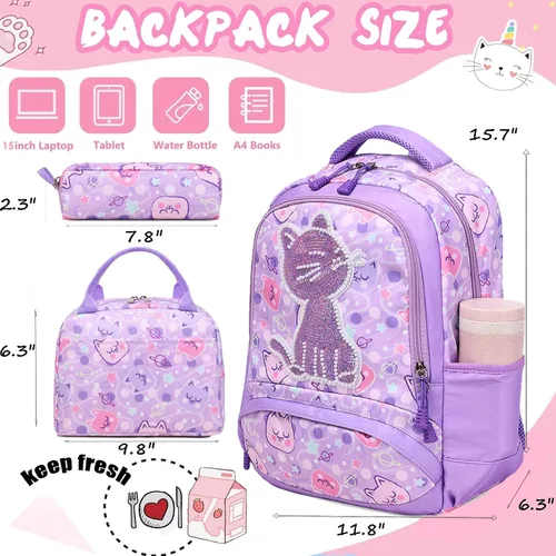 Miniatura 3 de Mochila de escuela primaria para niñas con lonchera, mochila de regreso a clases