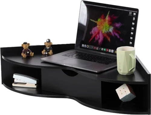Miniatura 9 de Basicwise Mesa de oficina montada en la pared en forma de corazón blanco con cajón y dos estantes Escritorio de esquina de escritura