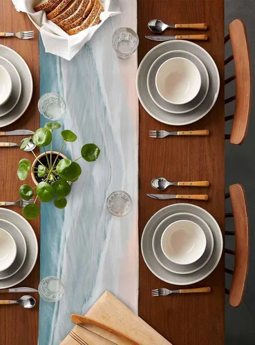 Miniatura 2 de Camino de mesa de playa de verano de 70 pulgadas de largo, bufandas de vestir estilo granja, náutico oceánico, costero, auqa, beige, mesa de comedor
