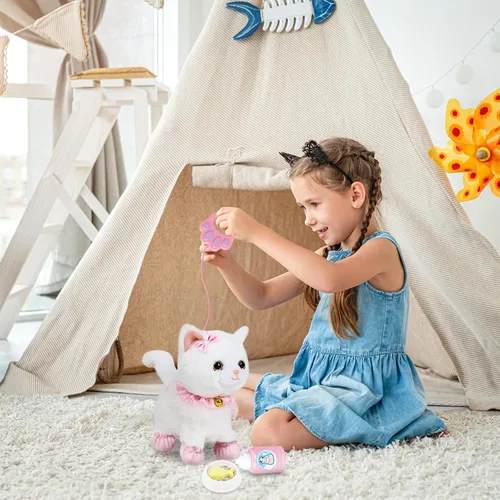 Miniatura 6 de Jimate Juguete electrónico interactivo de peluche robot que camina y ladra, gato de peluche con control remoto para niñas (gato blanco)