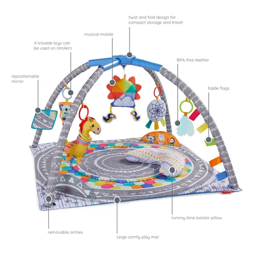 Miniatura 2 de Infantino Gimnasio móvil musical 4 en 1 Twist & Fold, incluye juguetes enlazables, espejo reposicionable, mordedor de plumas, actividades sobre