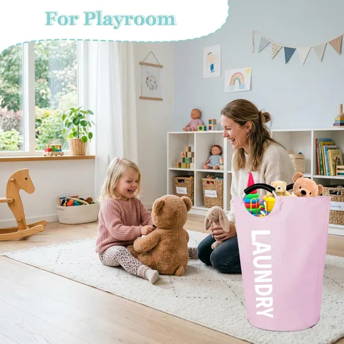Miniatura 3 de WOOHA Cesta de lavandería grande de 115 litros, cesta plegable para ropa, cestas altas de tela plegables para dormitorio, armario, baño, Rosa