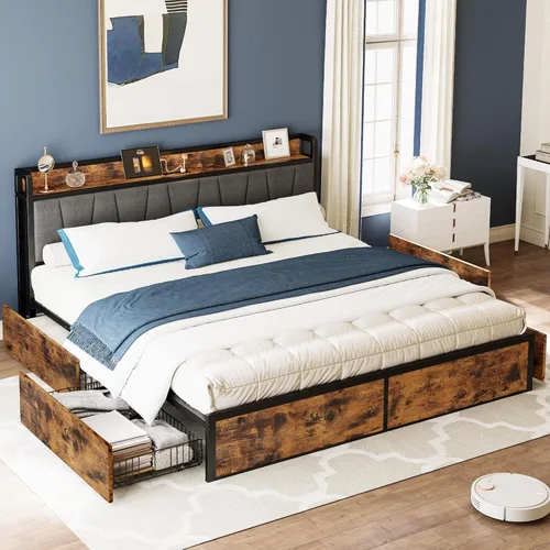 Miniatura 14 de LIKIMIO Armazón de cama Queen con 4 cajones de almacenamiento, cama de plataforma con cabecera con carga, resistente y estable, sin ruido, no Verde