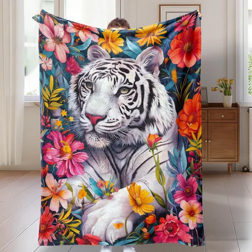 Miniatura 2 de Mantas de acuarela vintage con diseño floral de tigre para hombre, suaves y acogedoras, de franela con estampado de animales, para cama, sofá