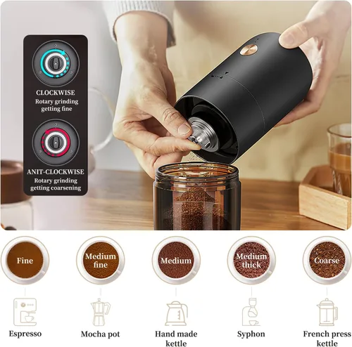 Miniatura 3 de ELMWAY - Molinillo de café eléctrico portátil con rebabas de acero inoxidable y ajuste de grosor interno, compacto para viajes y uso doméstico