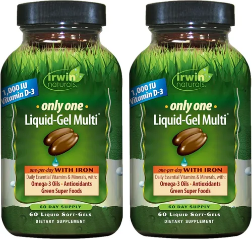 Miniatura 9 de Irwin Naturals Only One Liquid Gel Multi con Hierro Vitaminas esenciales diarias, minerales, antioxidantes, Omega-3 y Super Alimentos Verdes - 60