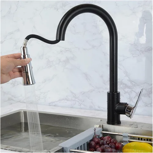 Miniatura 2 de Grifos del mezclador de la cocina Negro Color Negro Material de acero inoxidable Agua fría y caliente Dos modos Agua hacia fuera 23.6 in Manguera