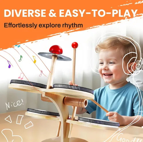 Miniatura 4 de iPlay, iLearn Juego de Batería de Madera para Niños Pequeños, Juguete de Instrumentos Musicales para Niños, Juego de Batería de Percusión 8 en 1