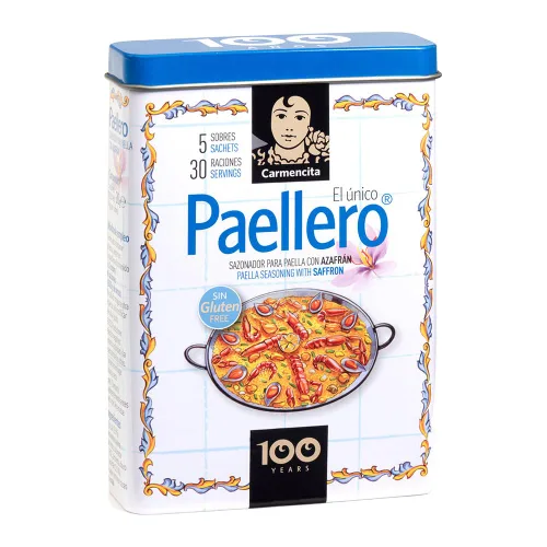 Carmencita. Paellero Paella Condimento con Azafrán (5 bolsas) en lata metálica. 20g (0.71oz)
