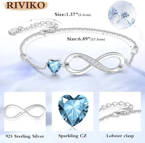Miniatura 4 de RIVIKO Pulsera de plata de ley 925 con símbolo de corazón de amor infinito ajustable para cumpleaños, Navidad, regalo para mamá, mujer, esposa