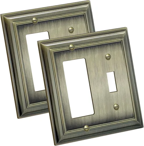 BESTTEN Placa de pared combinada de 1 palanca/1 decorador, tamaño mediano, 2 bandas, resistente a la corrosión, latón antiguo, cubierta de salida de