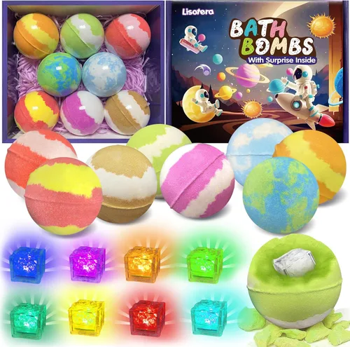 Bombas de baño para niños con juguetes en el interior, juego de 8 bombas de baño iluminadas del sistema solar, bomba de baño planeta con sorpresa en