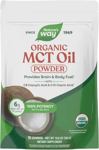 Nature's Way Aceite en polvo orgánico MCT, ácido caprílico C8 y ácido cáprico C10 (1), combustible para el cerebro y el cuerpo*, polvo inodoro y sin