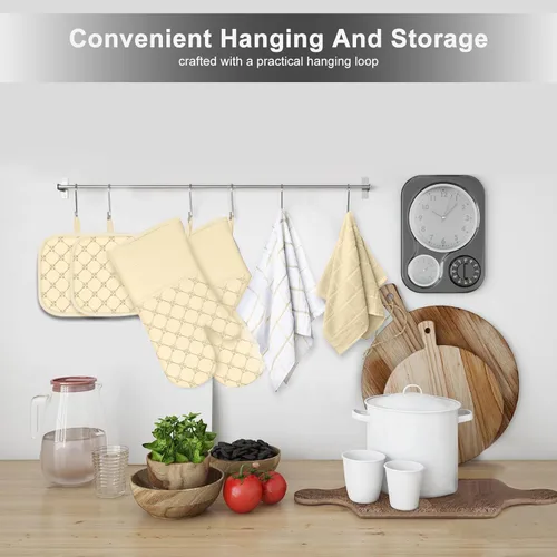Miniatura 7 de Juego de 12 manoplas de cocina con soportes para ollas, juego de 12 paños de cocina, guantes de horno, almohadillas resistentes al calor a 500 Beige