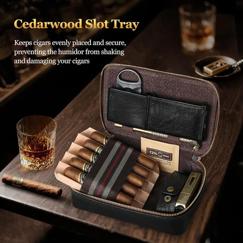 Miniatura 5 de Humidor de puros, humidor de puros de viaje de cuero, estuche portátil para puros con potenciador de tiro de puros y cortador de puros multifunción