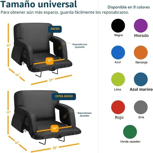 Miniatura 5 de Asientos de estadio reclinables para gradas con respaldo – Cojín ancho para silla de grada, reposabrazos, bolsillos grandes y múltiples