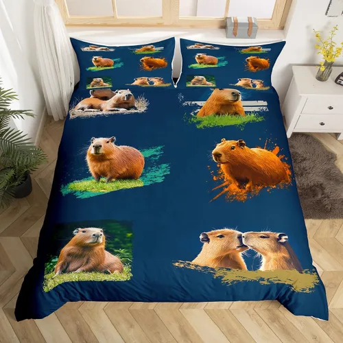 Miniatura 10 de Capybara - Juego de ropa de cama tamaño individual para niños y niñas, funda de edredón de animales roedores, funda de edredón de Capybara, regalos