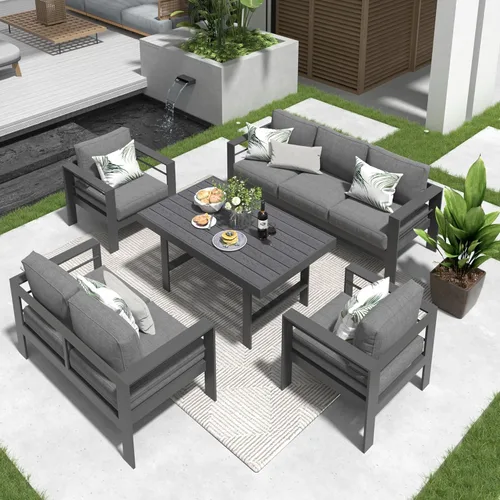 Solaste Juego de muebles de aluminio para patio, 5 piezas, moderno juego de conversación al aire libre, sofá seccional con cojín mejorado y mesa de