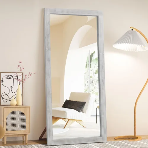 Miniatura 8 de Espejo de longitud completa de granja rústica, 64"x21" con marco de madera para piso, espejo independiente apoyado contra la pared para dormitorio