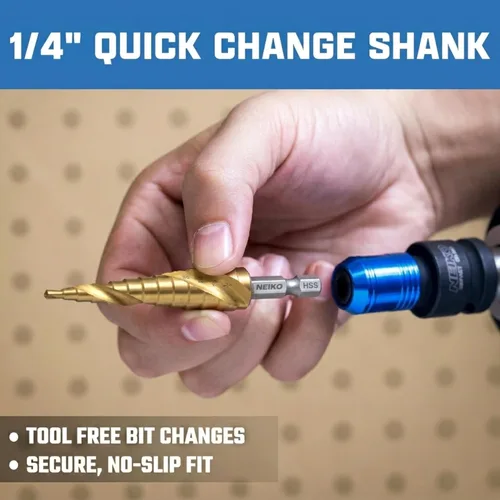Miniatura 4 de NEIKO 10602A Step Drill Bit, 13 Steps 1/8" to 1/2" Spiral High Speed Steel, Titanium Nitride Coated, 1/4" Quick Change Step Bits for Steel, Metal