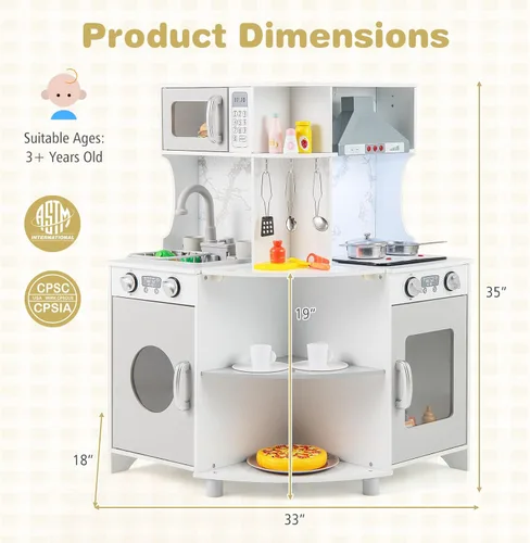 Miniatura 7 de Costzon Cocina de esquina para niños, juego de cocina de madera con circulación de agua, luz y sonido reales, microondas, campana extractora, gris