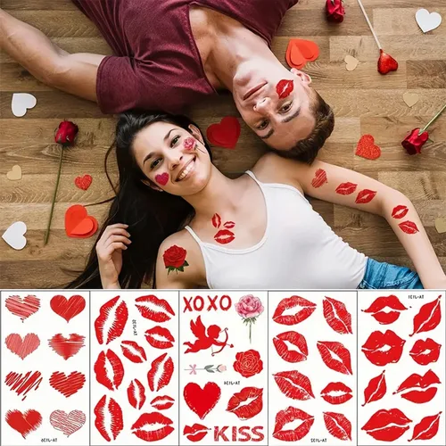 Miniatura 4 de Tatuaje temporal para el día de San Valentín para adultos y niños, tatuajes falsos de labios de corazón rojo, flecha de ángel rosa, calcomanías