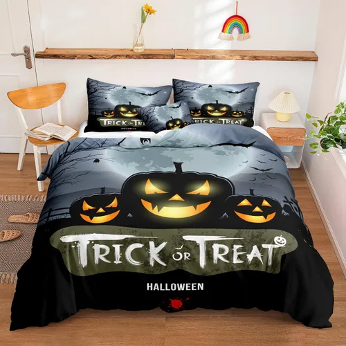 Miniatura 48 de Juego de funda de edredón de calabaza para Halloween, divertido diseño de calabaza malvada, color negro, juego de ropa de cama Tiwn 1 funda