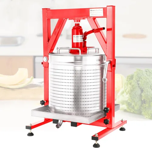 Miniatura 2 de Prensa hidráulica de frutas Mosakar de 10.6 galones/40L. Presión de 5 toneladas. Las piezas de contacto de jugo son de acero inoxidable AISI 304.