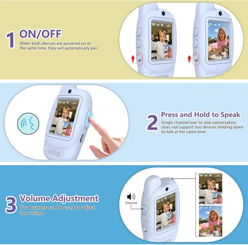 Miniatura 3 de Walkie Talkies de video para niños, paquete de 2 walkie talkies de video recargables, cámara HD, cambiador de voz, para diversión familiar, Azul