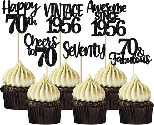 Miniatura 52 de Rsstarxi Paquete de 24 adornos para cupcakes vintage 2019 con purpurina negra para 5º cumpleaños, saludos a 5, cinco, 5, 5 fabulosos para cupcakes