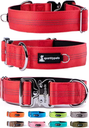 Miniatura 11 de SparklyPets Collar de perro ancho de servicio pesado con hebilla cromada de liberación rápida, collar táctico grueso para perro con rayas Azul