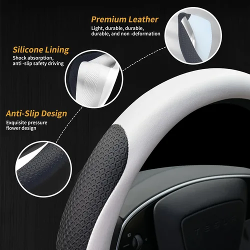Miniatura 5 de Uxcer Funda de cuero prémium para volante de Tesla Model 3/Y 2016-2025 2026 Juniper/Highland, antideslizante, transpirable, protector de volante