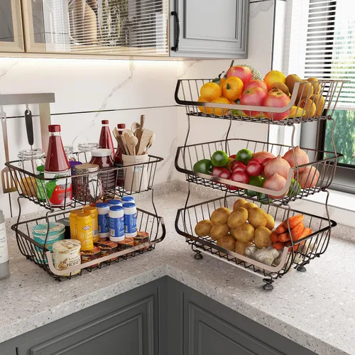 Miniatura 3 de FANWU Soporte de cesta de frutas de 4 niveles, carrito de almacenamiento de frutas y verduras, cesta de almacenamiento de alambre con ruedas, Bronce