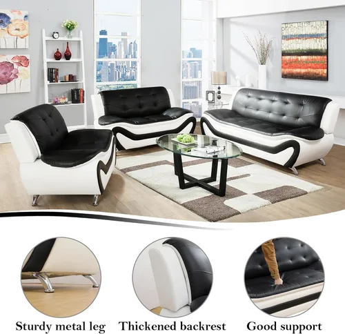 Miniatura 3 de Juego de muebles de sala de estar de 3 piezas, juego de sofá de piel sintética, juego de sofá blanco y negro para el hogar, apartamento, oficina