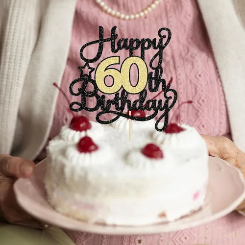 Miniatura 7 de 1 Pieza Feliz Cumpleaños 60 Decoración Superior para Pastel Negro Dorado con Purpurina Brindis por 60 Años Palillo para Pastel de Cumpleaños 60