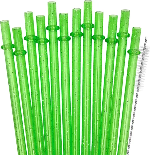 Miniatura 10 de Paquete de 12 pajitas de plástico reutilizables con purpurina, vaso duro de 11 pulgadas de largo con cepillo de limpieza, apto para lavavajillas
