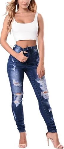 Miniatura 8 de KUNMI - Pantalones de mezclilla clásicos de cintura alta para mujer, elásticos, con efecto de levantamiento de glúteos, ajustados