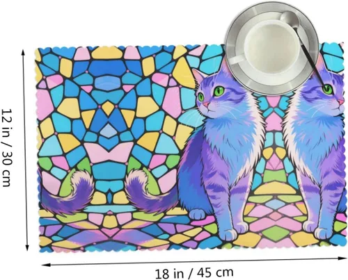 Miniatura 2 de Rectangular Placemats Set of 4, Heat Resistant Cat Printed Kitchen Dining Table Mats