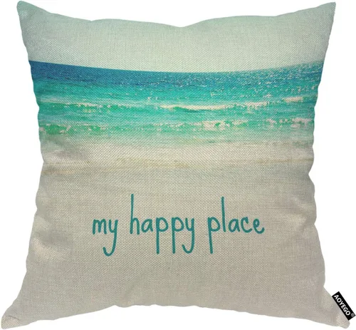 AOYEGO My Happy Place - Funda de almohada con purpurina de playa, océano, olas de mar, verano, arena, cielo, naturaleza, bahía, con purpurina, 18 x