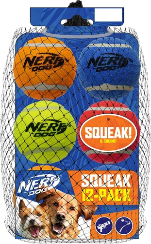 Nerf Dog Juego de regalo de 12 piezas de juguetes para perros, incluye pelota de tenis chirriante de 2.5 pulgadas, paquete de 12, material Nerf