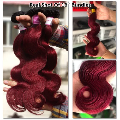 Miniatura 5 de 4 paquetes de cabello humano ondulado brasileño degradado borgoña T1B/99J, paquetes de cabello humano ondulado y húmedo para mujeres negras